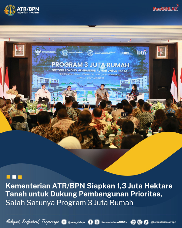Kementerian ATR/BPN Siapkan 1,3 Juta Hektare Tanah untuk Dukung Pembangunan Prioritas, Salah Satunya Program 3 Juta Rumah