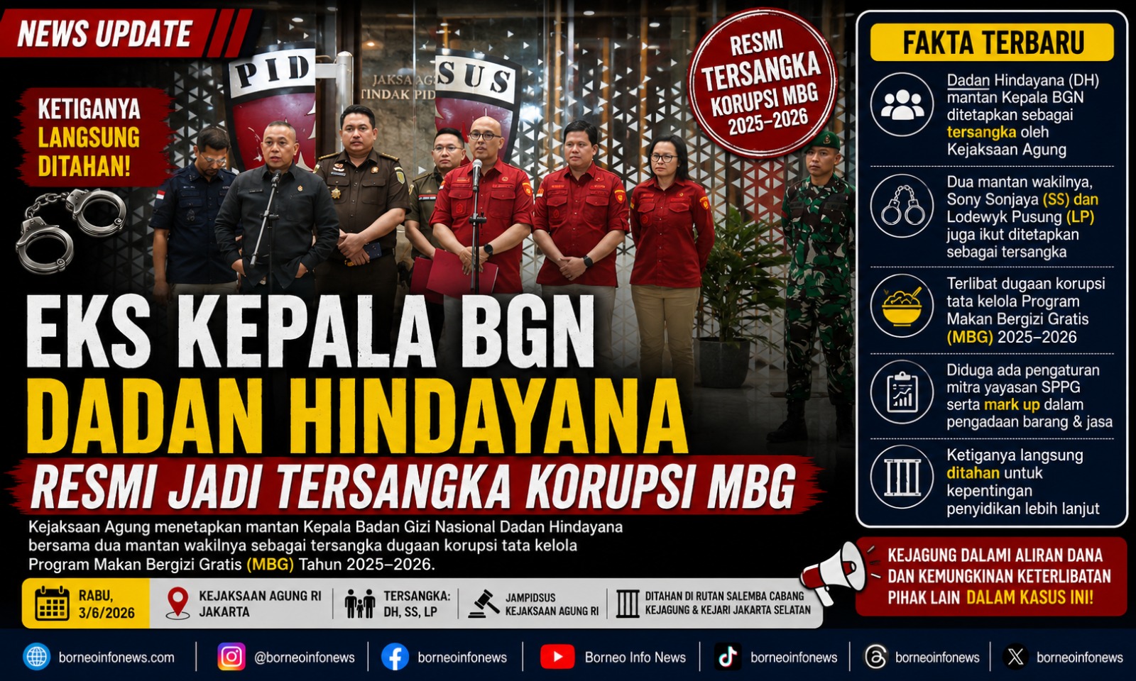 Eks Kepala BGN Dadan Hindayana ditetapkan sebagai tersangka korupsi MBG oleh Kejagung.