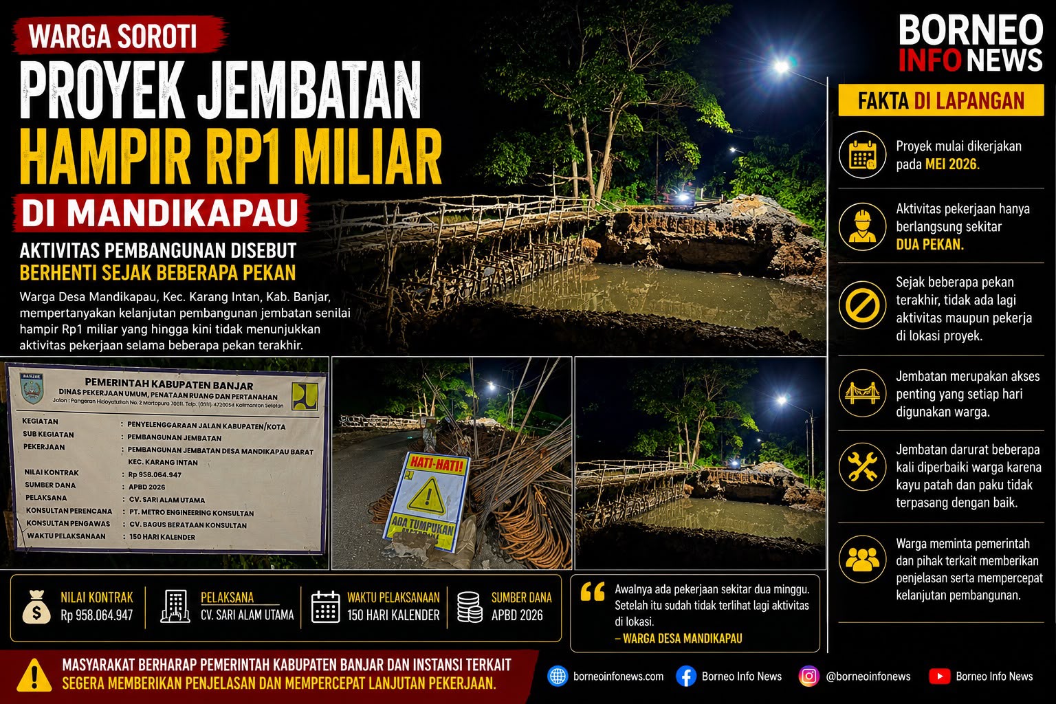 Proyek pembangunan jembatan di Desa Mandikapau Barat, Kecamatan Karang Intan, Kabupaten Banjar.