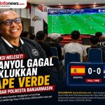 Peserta nobar menyaksikan laga Spanyol melawan Cape Verde pada Piala Dunia 2026 di Gedung Mathilda Polresta Banjarmasin.