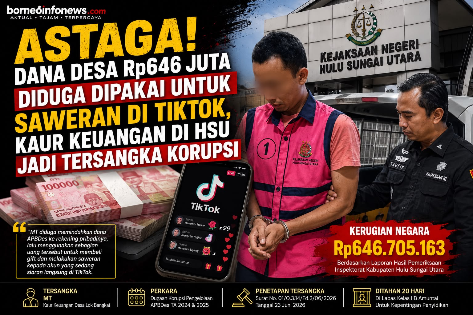 Tersangka dugaan korupsi APBDes Desa Lok Bangkai saat ditahan Kejari Hulu Sungai Utara.
