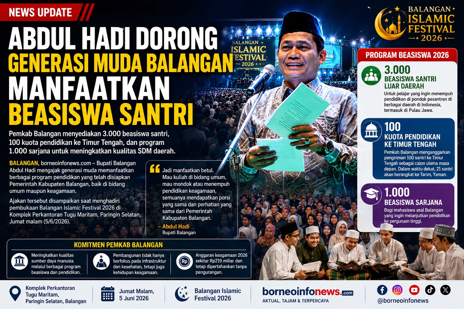 Bupati Balangan Abdul Hadi menyampaikan program beasiswa santri saat Balangan Islamic Festival 2026.