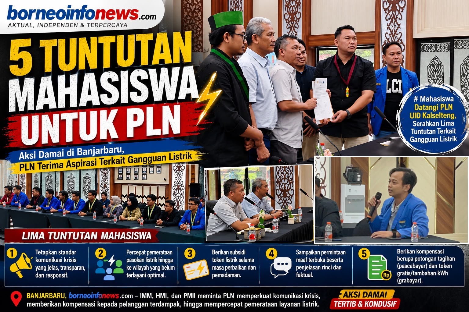 Mahasiswa menyerahkan dokumen tuntutan kepada manajemen PLN UID Kalselteng saat audiensi di Banjarbaru.