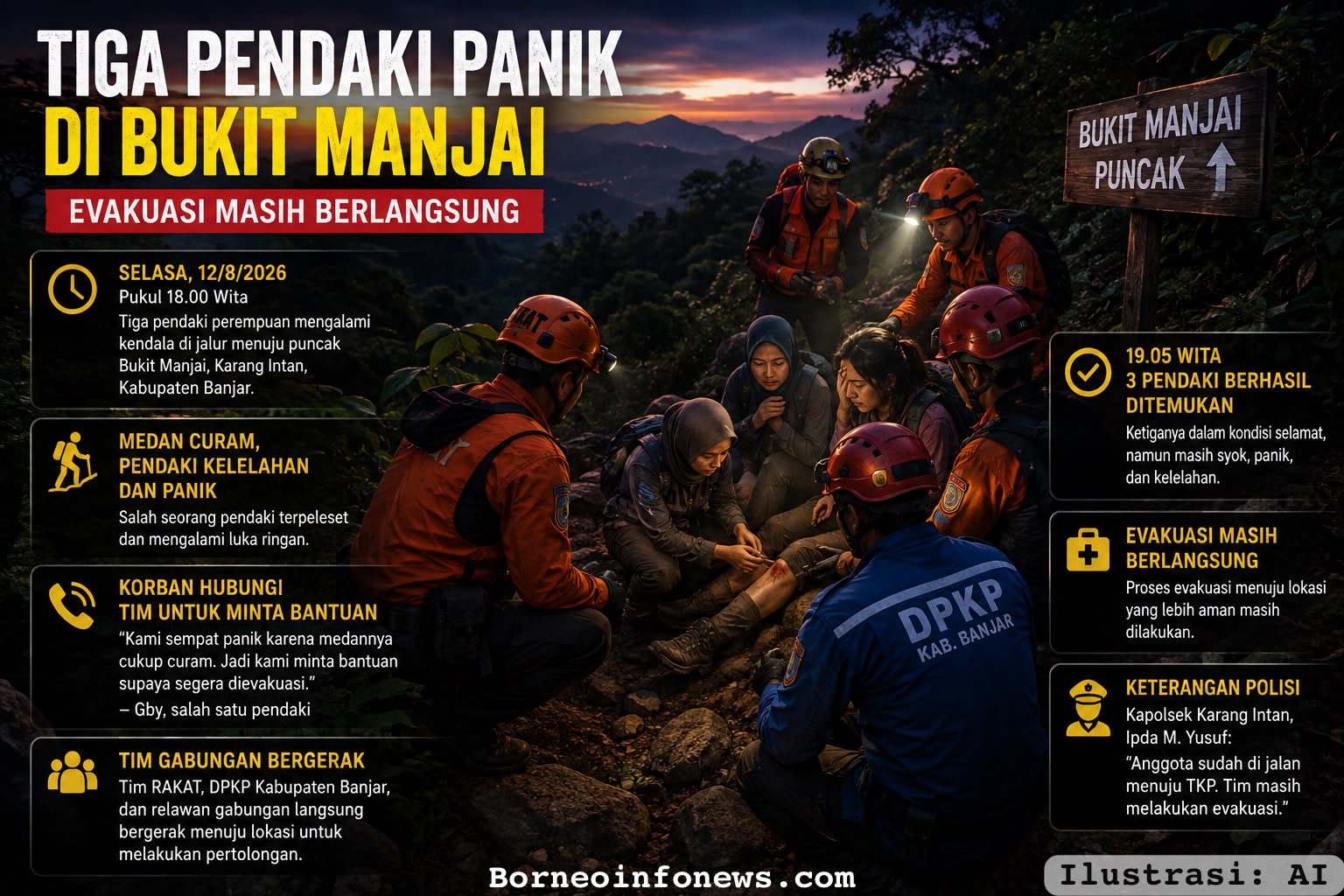Tim gabungan melakukan evakuasi tiga pendaki di Bukit Manjai Kabupaten Banjar