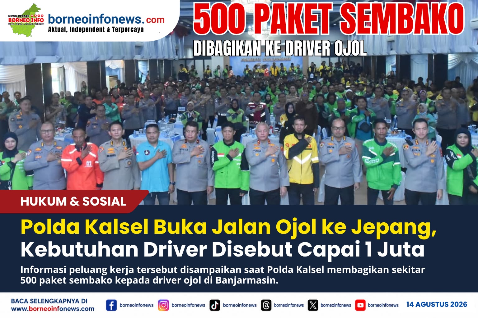 Polda Kalsel Bagikan 500 Paket Sembako ke Ojol, Buka Peluang Kerja ke Jepang