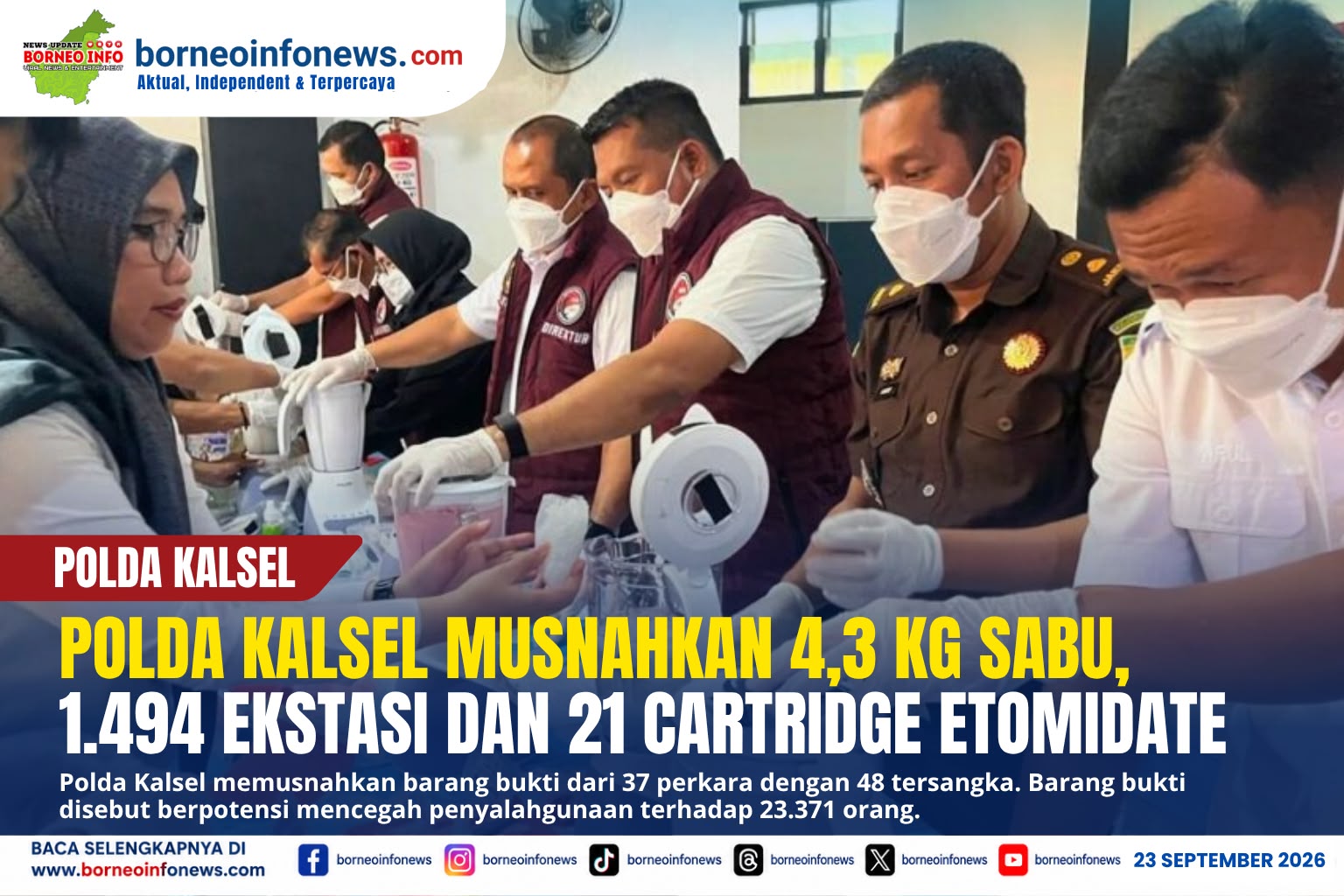 Polda Kalsel memusnahkan barang bukti 4,3 kilogram sabu, ekstasi dan cartridge etomidate