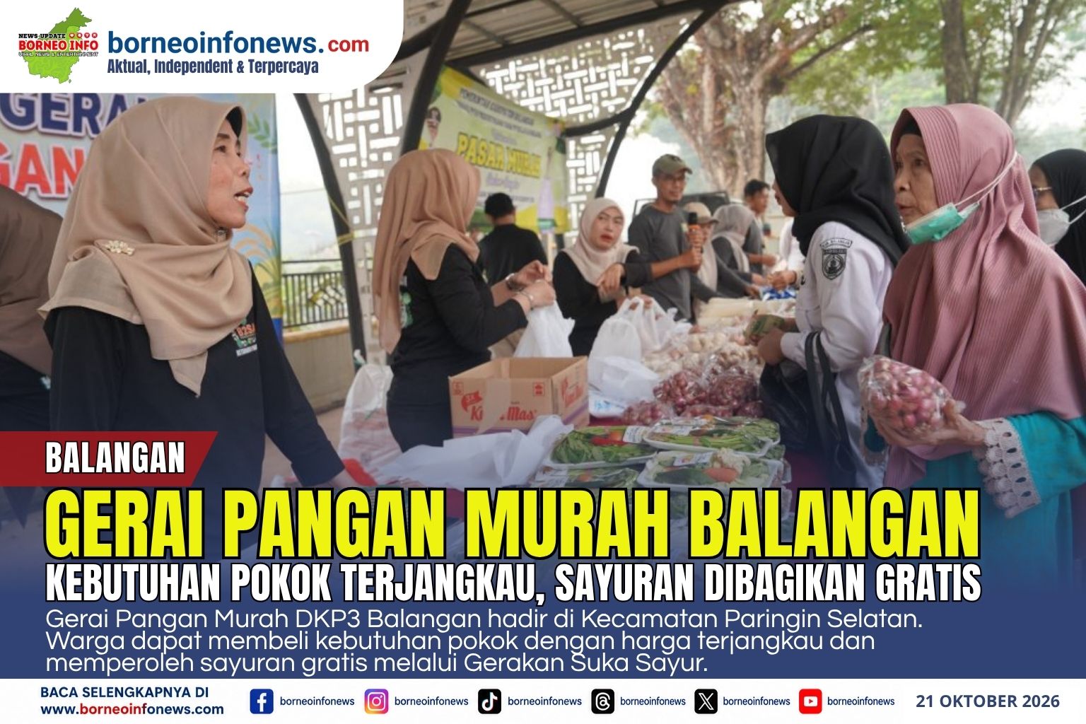 Warga berbelanja kebutuhan pokok dalam kegiatan Gerai Pangan Murah DKP3 Balangan di halaman Kantor Kecamatan Paringin Selatan.