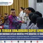 Asisten III Pemkot Banjarbaru Bambang Supriyatno menghadiri penutupan orientasi PPPK Angkatan I–IV tahun 2026 dan pemberian apresiasi kepada 13 peserta terbaik.