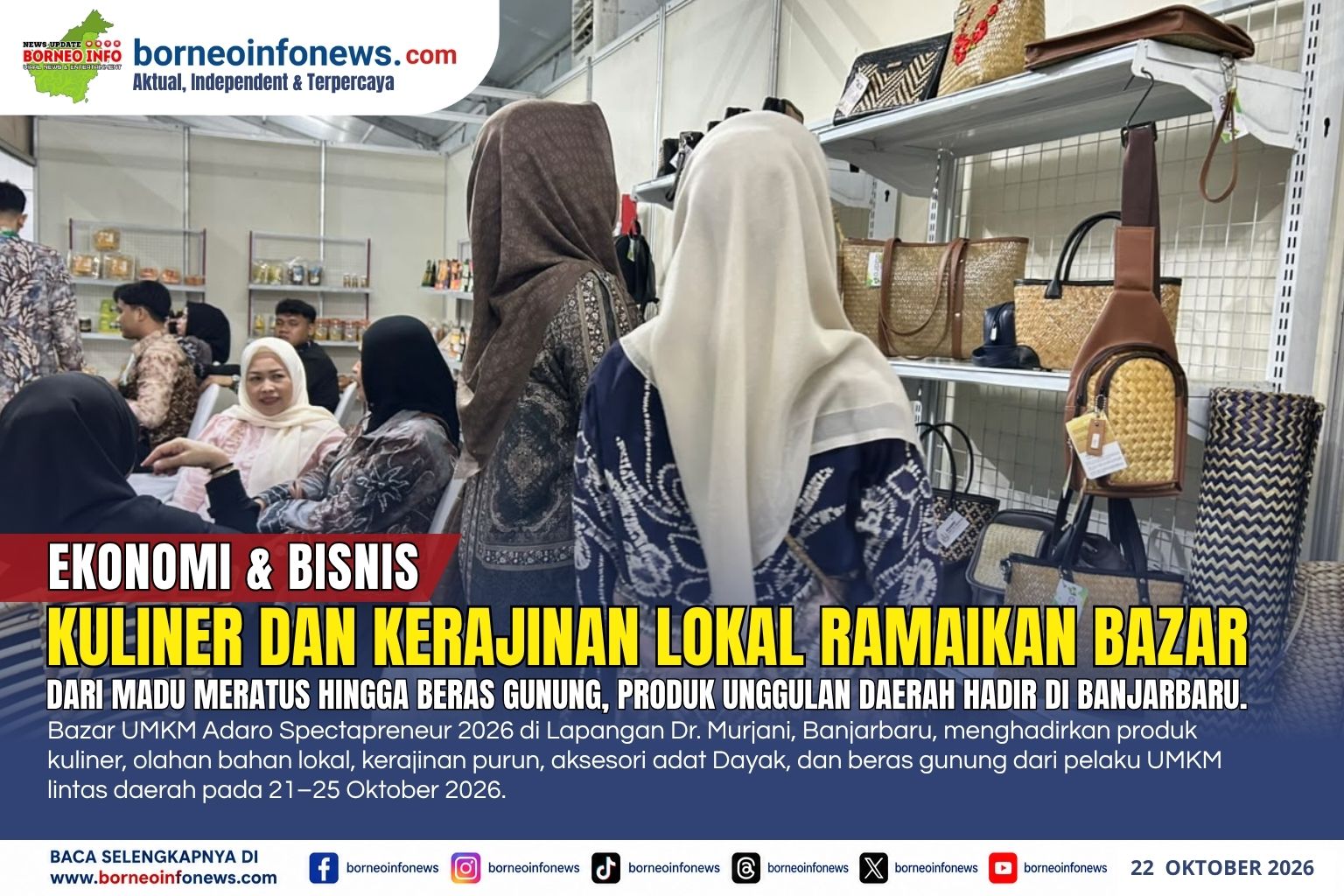 Pelaku UMKM dari sejumlah daerah memamerkan produk kuliner, madu, kerajinan purun, aksesori Dayak, dan beras gunung dalam Bazar UMKM Adaro Spectapreneur 2026 di Banjarbaru.