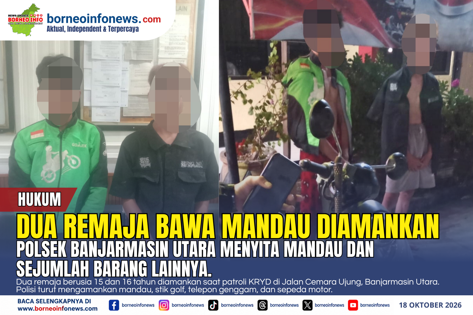 Polisi mengamankan dua remaja yang kedapatan membawa mandau saat patroli KRYD di Banjarmasin Utara