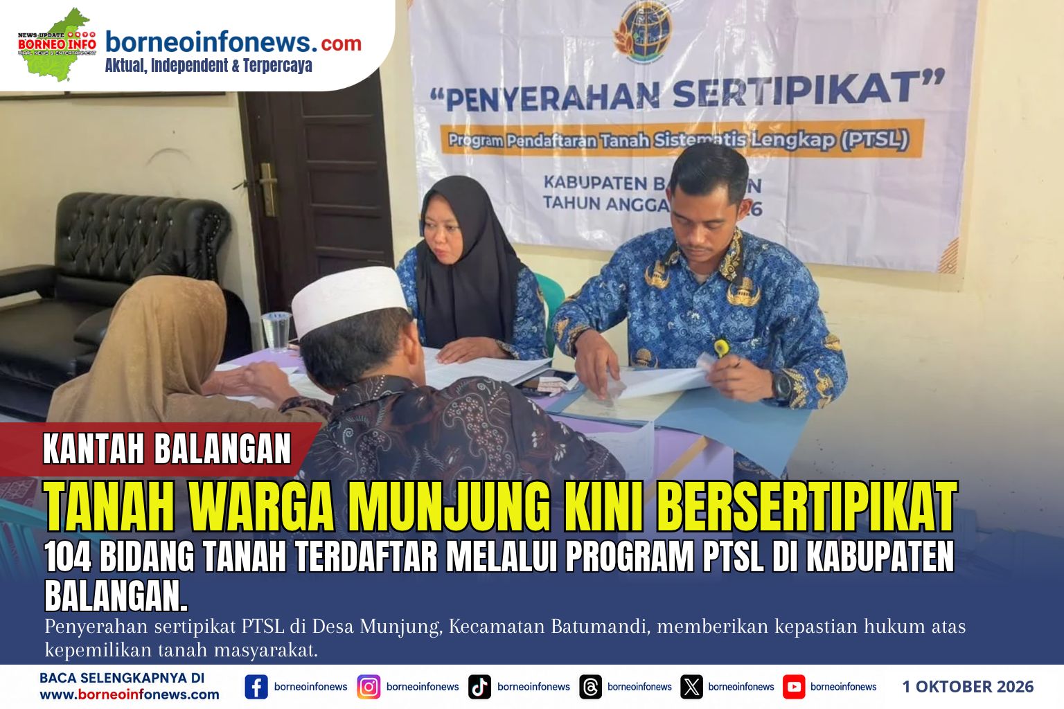Penyerahan 104 sertipikat tanah program PTSL kepada warga Desa Munjung, Kecamatan Batumandi, Kabupaten Balangan.