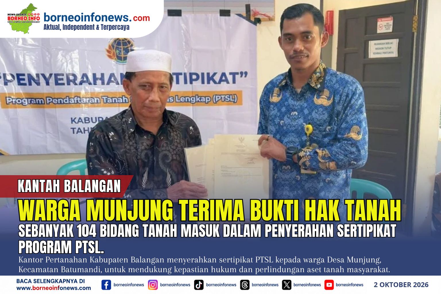 Kantah Balangan Serahkan 104 Sertipikat PTSL di Desa Munjung