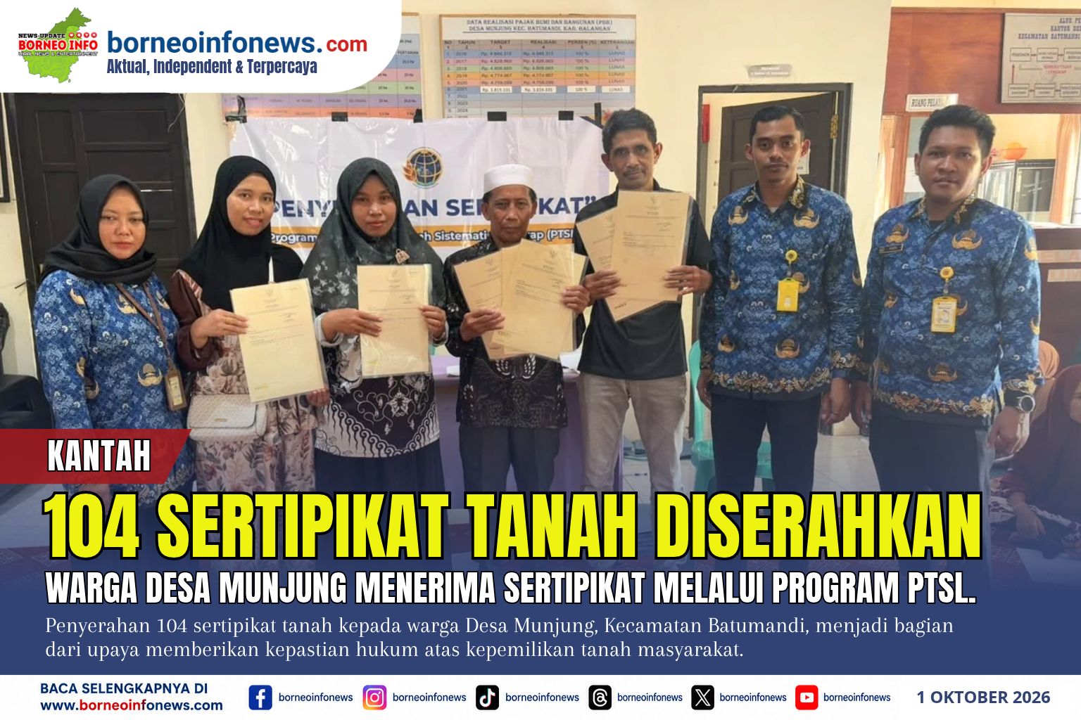 104 Sertipikat PTSL Diserahkan kepada Warga Desa Munjung