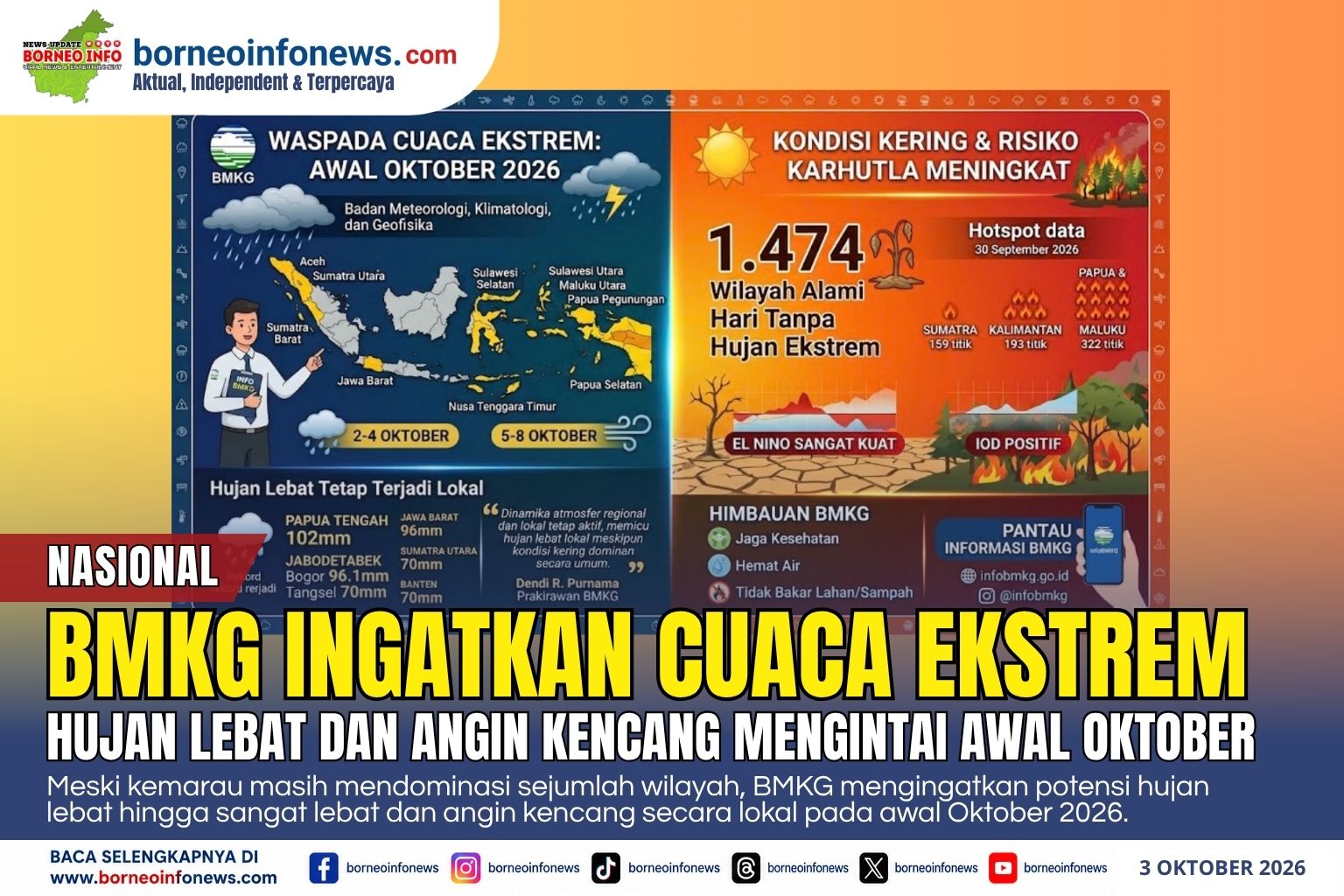 BMKG mengingatkan potensi hujan lebat dan angin kencang pada awal Oktober 2026