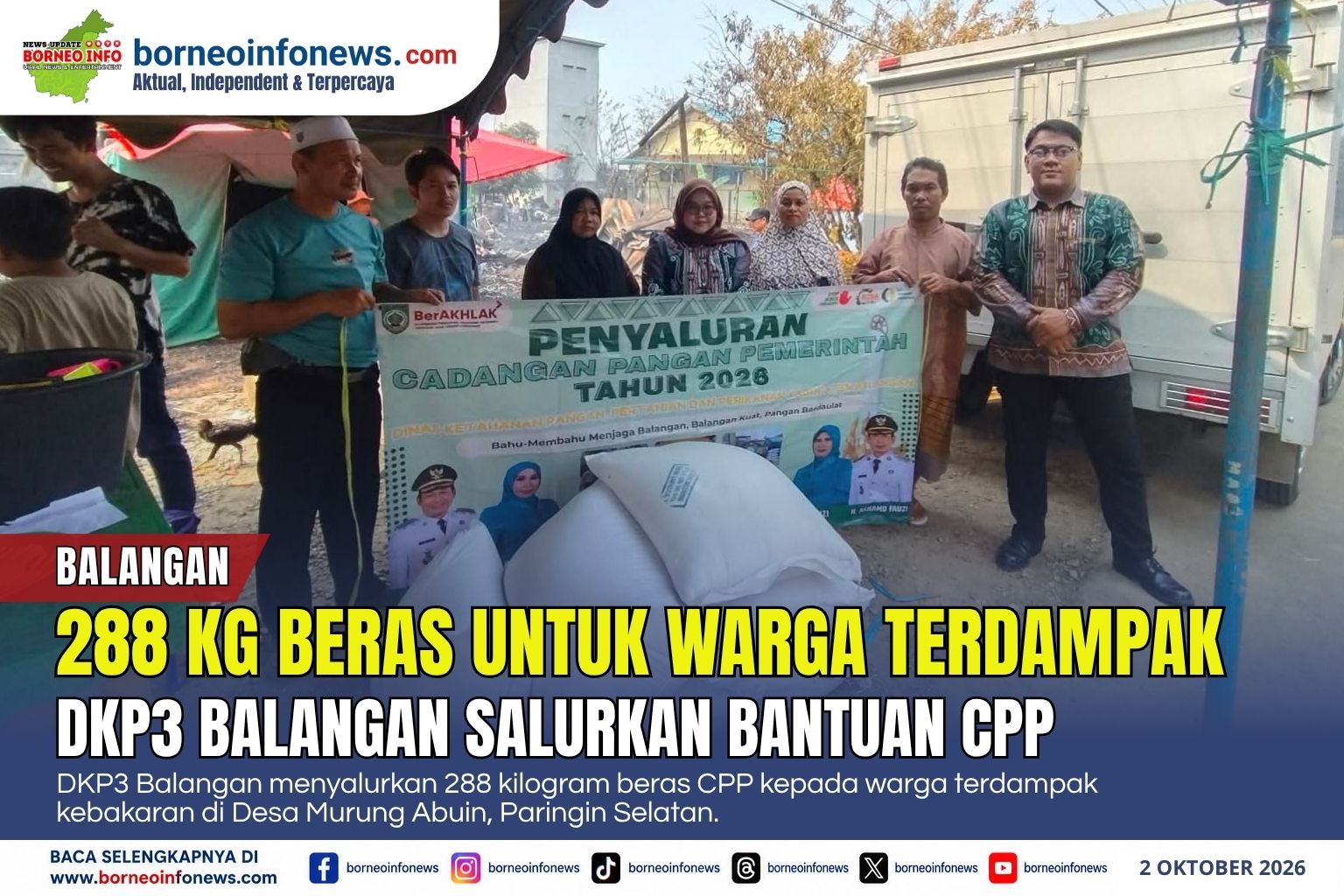 DKP3 Balangan Salurkan 288 Kg Beras CPP untuk Korban Kebakaran